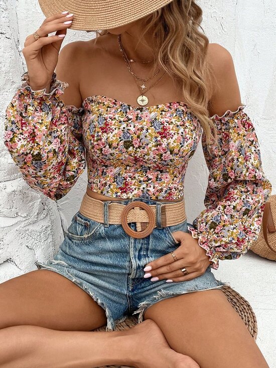 Multicolor Boho Women's Off Shoulder Floral Ruffle Lantern Sleeve Cropped Blouse - Picture 4 of 6